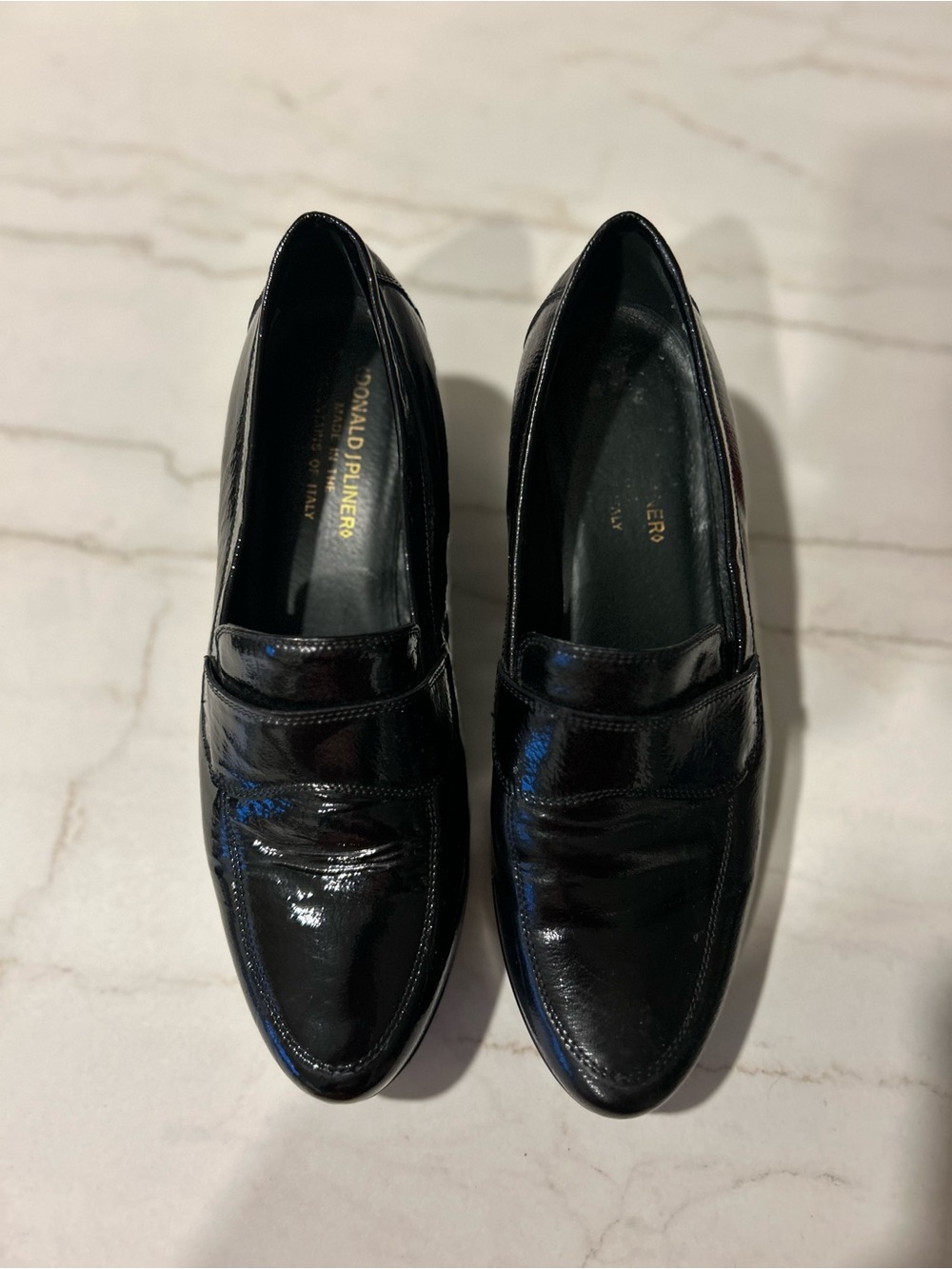 Donald J Pliner Black Patent Leather Wedge Loafers - Size 8M (Made in Italy)